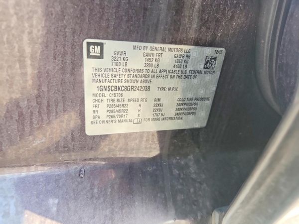 2016 CHEVROLET TAHOE LT — VINS