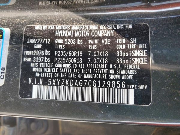 2012 HYUNDAI SANTA FE TOP (High) — VINS
