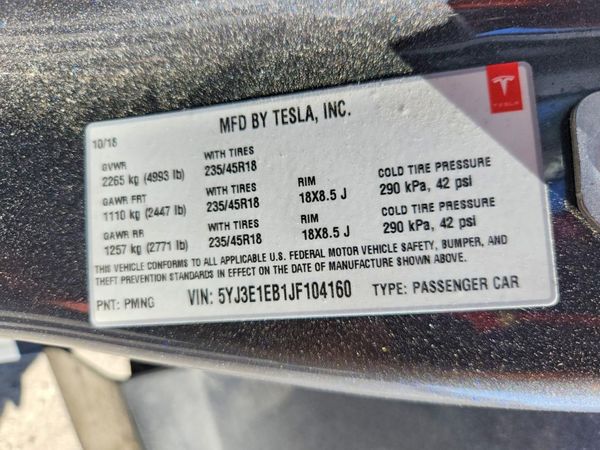 2018 TESLA MODEL 3 — VINS