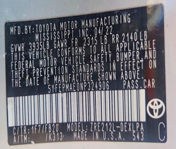 2022 TOYOTA COROLLA LE
