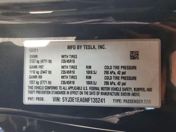 2022 TESLA MODEL 3