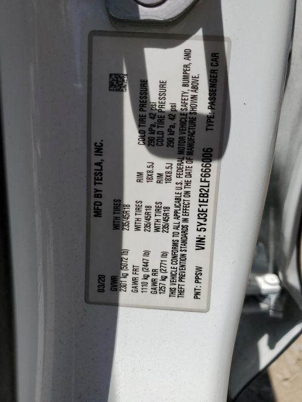 2020 TESLA MODEL 3