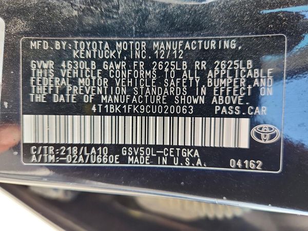 2012 TOYOTA CAMRY — VINS