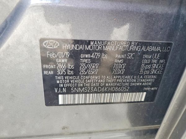 2019 HYUNDAI SANTA FE SE — VINS