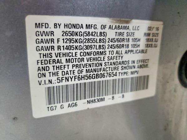 2016 HONDA PILOT EXL — VINS