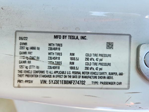 2022 TESLA MODEL 3