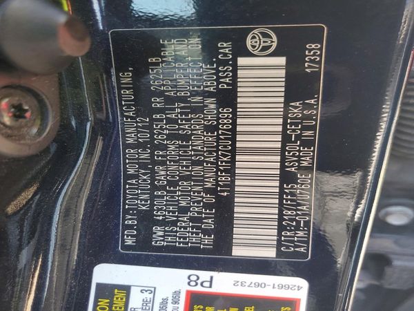 2012 TOYOTA CAMRY — VINS