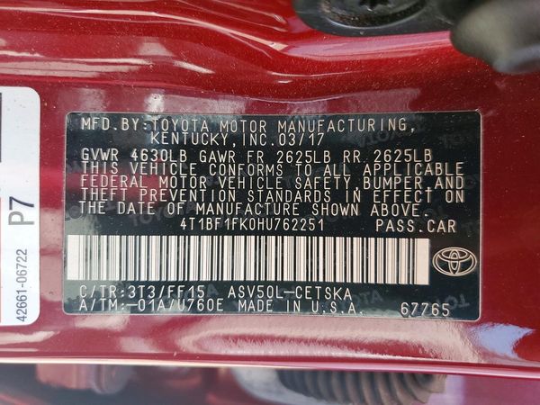 2017 TOYOTA CAMRY LE/SE/XLE/XSE — VINS