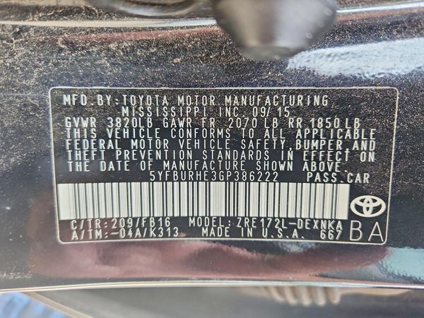 2016 TOYOTA COROLLA L/LE