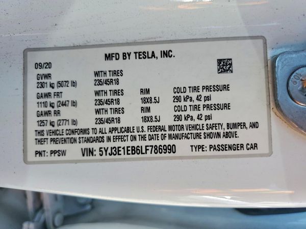 2020 TESLA MODEL 3