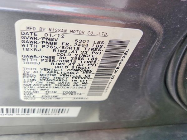 2012 INFINITI FX35 BASE — VINS
