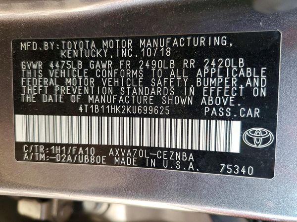 2019 TOYOTA CAMRY L/LE/SE/XLE — VINS