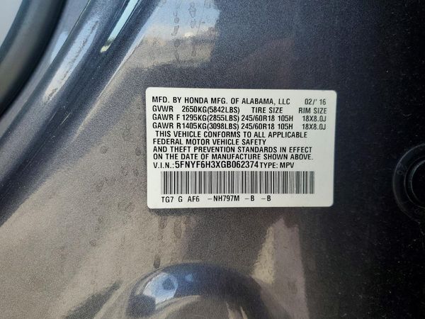 2016 HONDA PILOT EX — VINS
