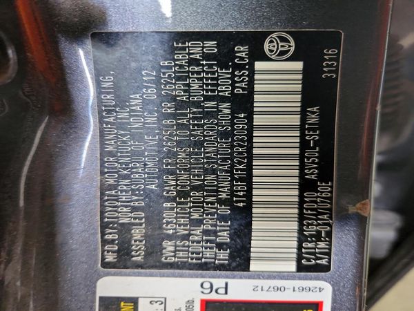 2012 TOYOTA CAMRY — VINS