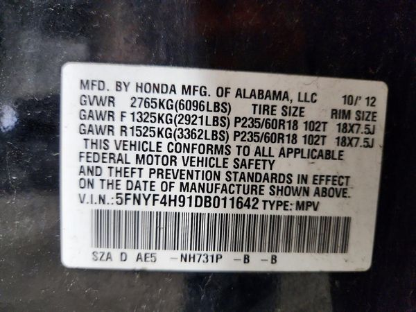 2013 HONDA PILOT TOURING — VINS