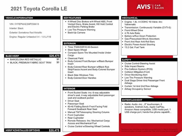 2021 TOYOTA COROLLA LE