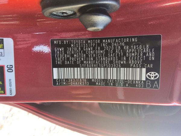 2016 TOYOTA COROLLA L/LE