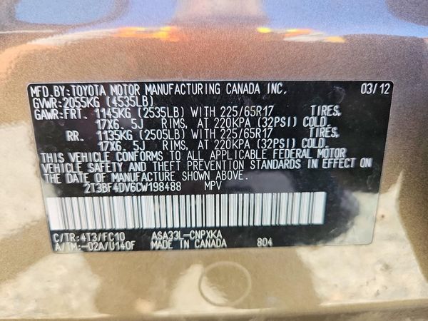 2012 TOYOTA RAV4 BASE Standard — VINS