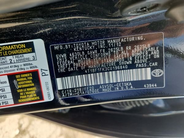 2012 TOYOTA CAMRY — VINS