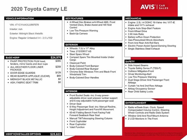 2020 TOYOTA CAMRY LE