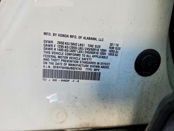 2018 HONDA PILOT EXL — VINS