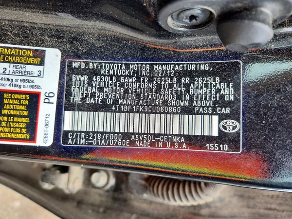 2012 TOYOTA CAMRY — VINS