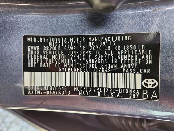 2016 TOYOTA COROLLA L/LE