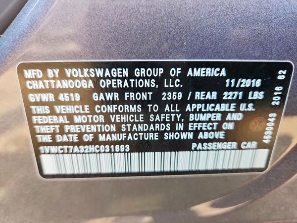 2017 VOLKSWAGEN PASSAT