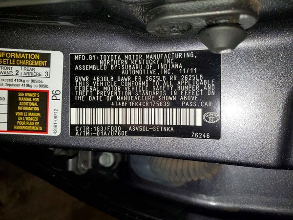2012 TOYOTA CAMRY — VINS