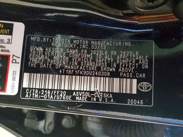 2013 TOYOTA CAMRY — VINS