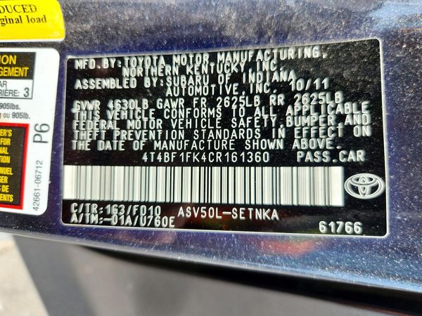 2012 TOYOTA CAMRY — VINS