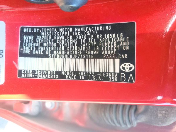 2018 TOYOTA COROLLA L/LE/SE/XLE/XSE — VINS