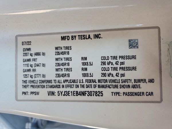 2022 TESLA MODEL 3