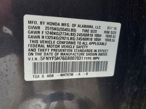 2016 HONDA PILOT EXL-N — VINS