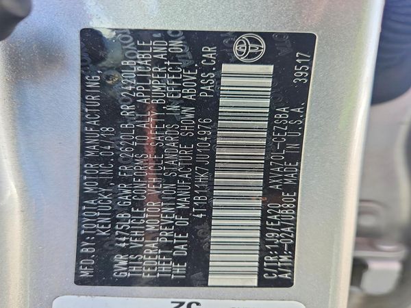 2018 TOYOTA CAMRY L/LE/SE/XLE — VINS