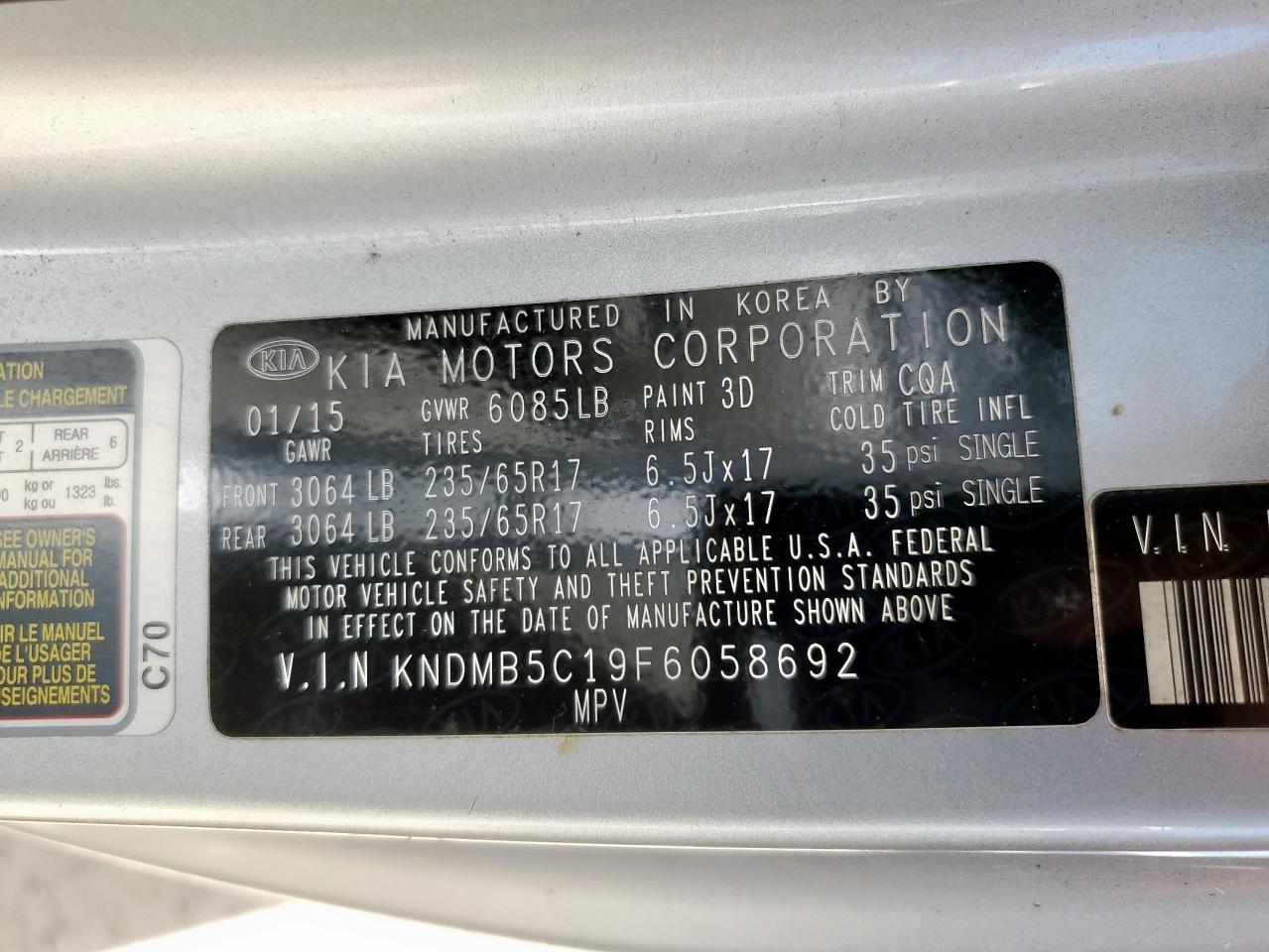2015 KIA SEDONA GL - Middle-low