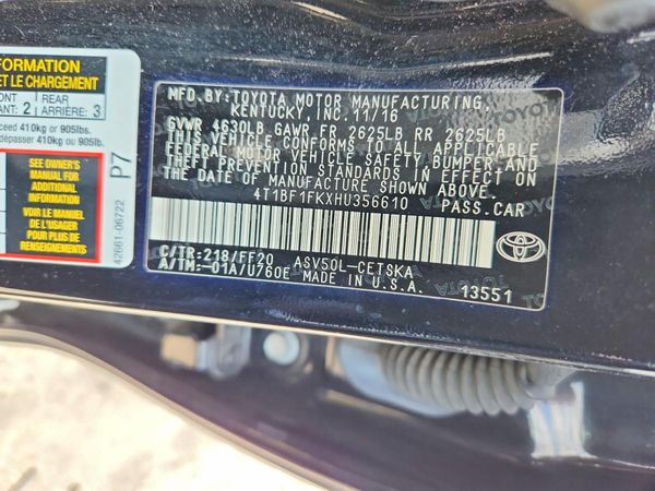 2017 TOYOTA CAMRY LE/SE/XLE/XSE — VINS