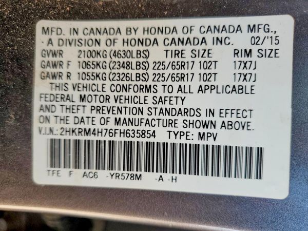 2015 HONDA CRV EX-L — VINS