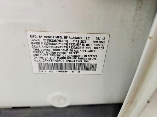 2012 HONDA PILOT TOURING — VINS