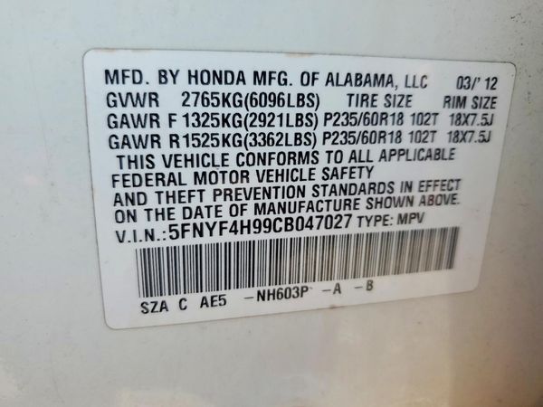 2012 HONDA PILOT TOURING — VINS
