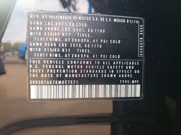 2019 VOLKSWAGEN TIGUAN — VINS