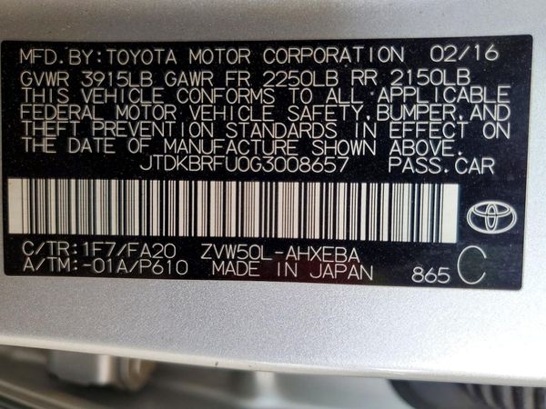 2016 TOYOTA PRIUS One/Two