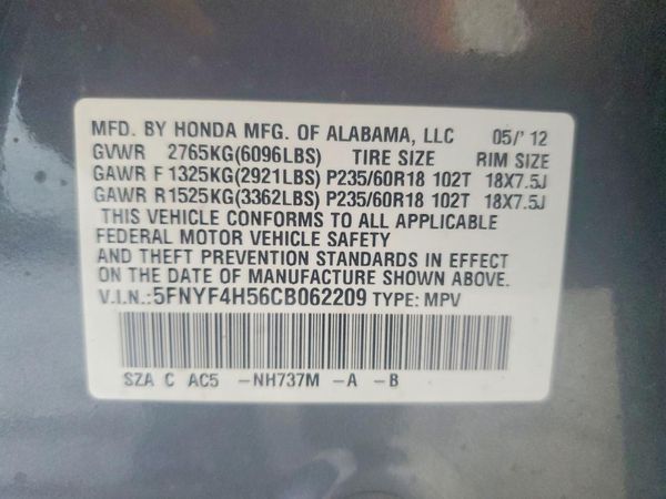 2012 HONDA PILOT EX-L — VINS
