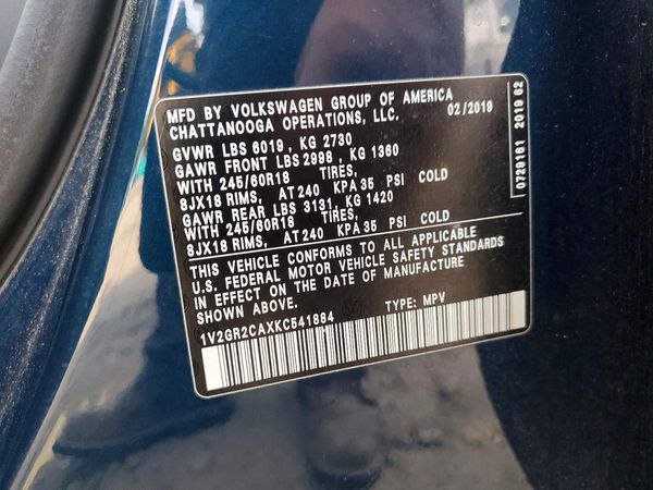 2019 VOLKSWAGEN ATLAS 4Motion S — VINS