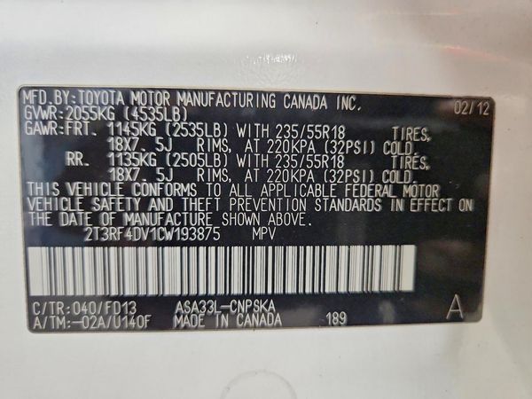 2012 TOYOTA RAV4 Sports — VINS