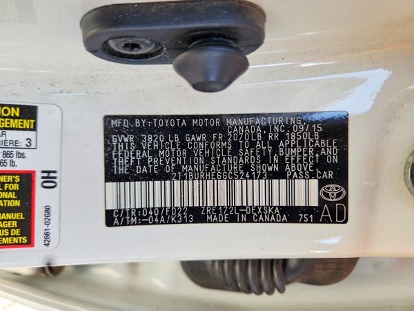 2016 TOYOTA COROLLA L/LE — VINS