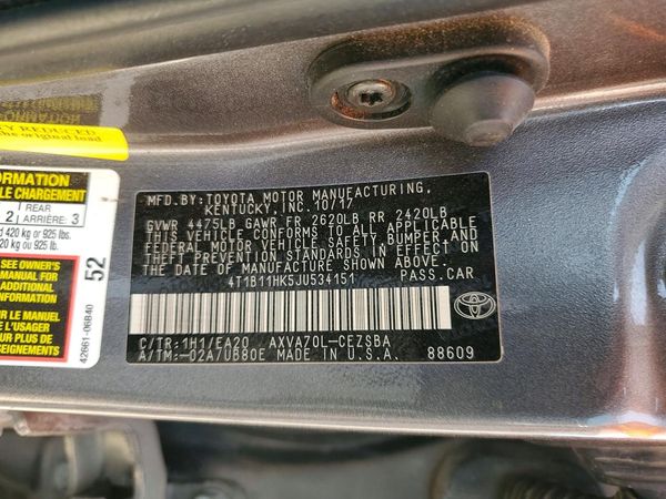2018 TOYOTA CAMRY L/LE/SE/XLE — VINS