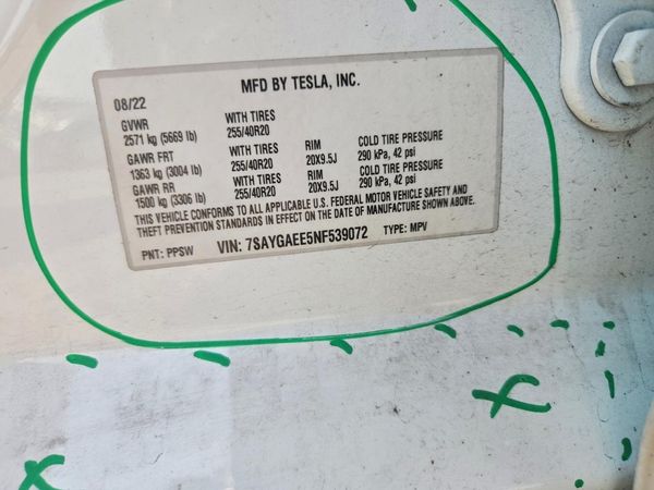 2022 TESLA MODEL Y — VINS