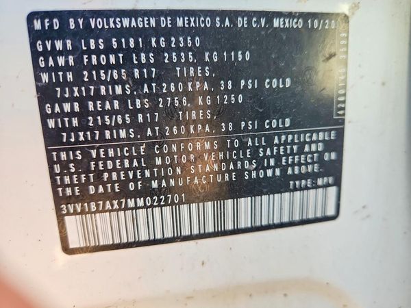 2021 VOLKSWAGEN TIGUAN S — VINS
