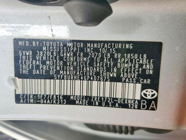 2016 TOYOTA COROLLA L/LE